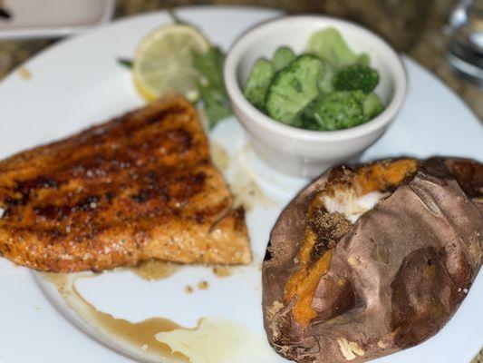 Blackened Salmon with Maple Glaze, broccoli and a sweet potato