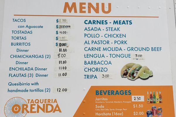 Menu at Taqueria Orenda September 2021