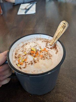 Pumpkin spice hot chocolate with whip cream and sprinkles