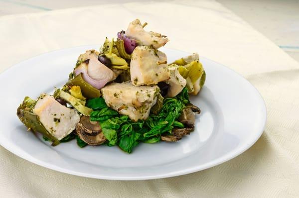 Mediterranean chicken kabobs with sauteed spinach and mushrooms