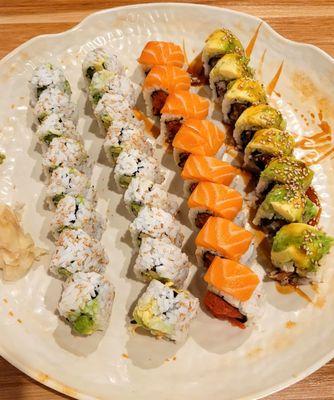 Left to right: California Roll, Spicy California, Spicy Tuna, Caterpillar Roll