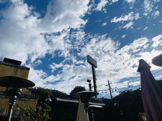 Powerful when you look up in a restaurant to see beautiful sky while Incased in greenery flowers