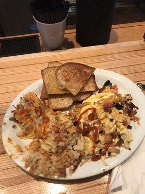 Breakfast scramble. Comes with cheeses hash browns and toast (3 bread) choices. Delicious and definitely had leftovers.