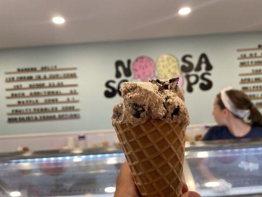 Cookie and cream in a waffle cone.