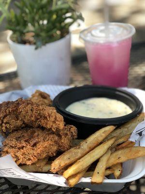 Chicken Tender Basket with Bacon-Poblano Gravy and a Frozen Prickly Pear Lemonade