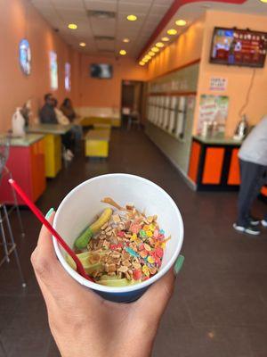 Try the pistachio yogurt and the cookies and cream. I like them both I added waffle cone, fruity, pebbles, caramel, and peanut butter.