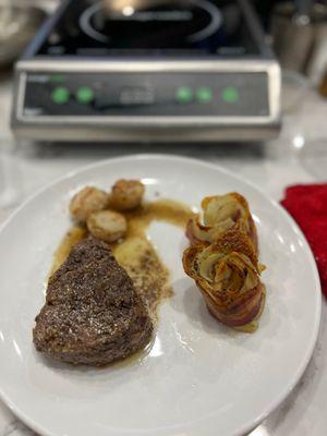 "A Taste of Wine and Bourbon" where we learned to make a pan seared steak with a bourbon sauce, along with scallops and a potato side