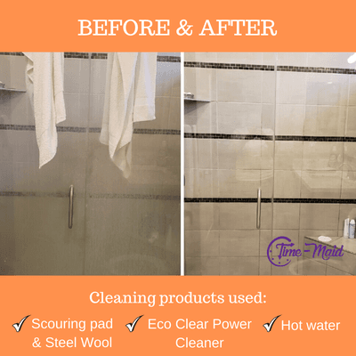 Home Bathroom Shower Glass Doors Before and After Cleaning.