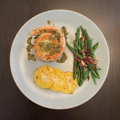 Home cooking - pinwheel salmon (spinach & herb feta cheese) w/ butter & caper, polenta w/ parmesan, green beans w/ almonds & red onions