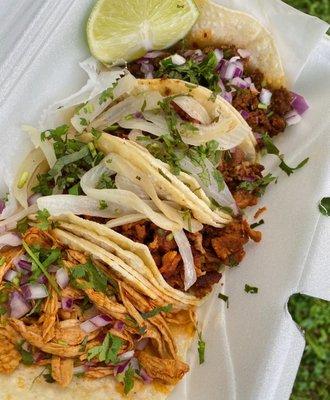 Chorizo, Al Pastor and chicken tinga tacos