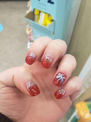 Red w/glitter ombre, fireworks nail art