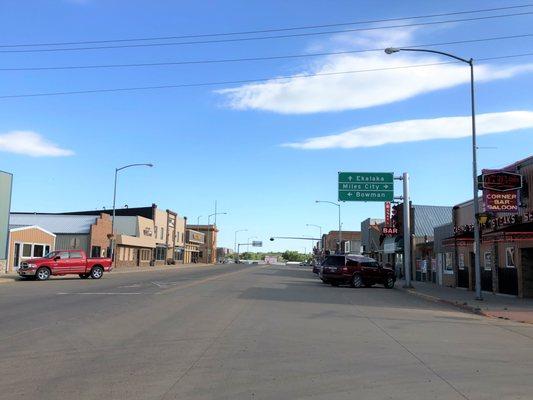 Simple view of quaint Baker, MT. Heiser's located on the right hand side.