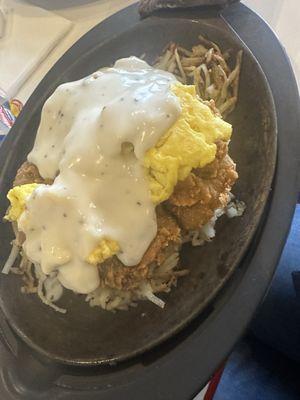 Chicken fried steak skillet breakfast