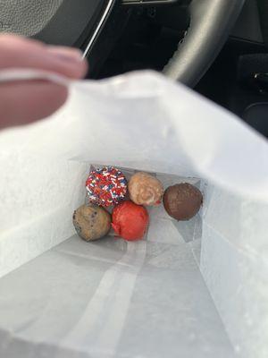 Sprinkle, glaze, chocolate, blueberry, and cherry donut holes