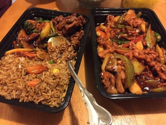 Beef and Broccoli combination plate with fried rice (and two crab rangoons - not pictured), Kung Pao chicken with peanuts large.