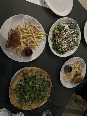 Thr3 Jack Burger split across 2 plates, quinoa watermelon salad, goat cheese pizza