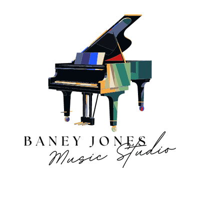 Baney Jones Music Studio logo features a beautifully stylized grand piano rendered in a modern, abstract art style...