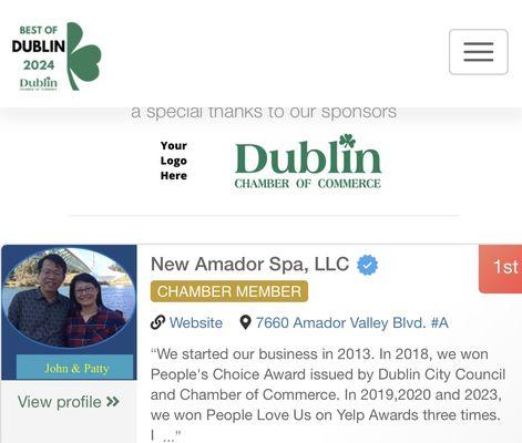 Congratulations!
Amador Spa has won the 2024 Best of Dublin Award!
Thank you all for your support!