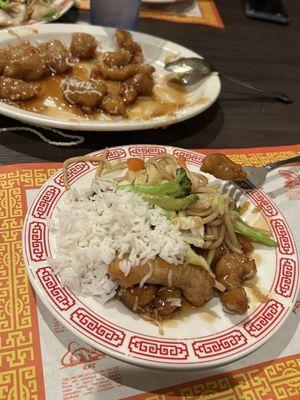 Sesame chicken and vegetable lo mein and rice