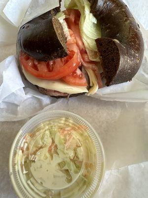 Roast beef on pumpernickel bagel