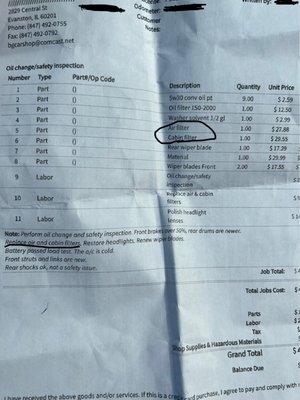 My latest repair invoice from a TRUSTED mechanic near Chicago. Cabin air filter was actually replaced this time, and for a lower price