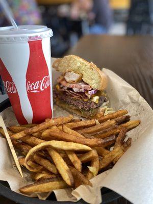 Farmer burger, fries and frosty Coke Zero.