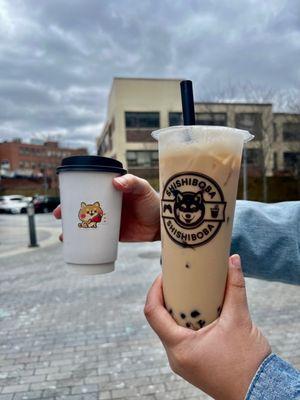 Hot Egg Coffee and Iced Peach milk tea