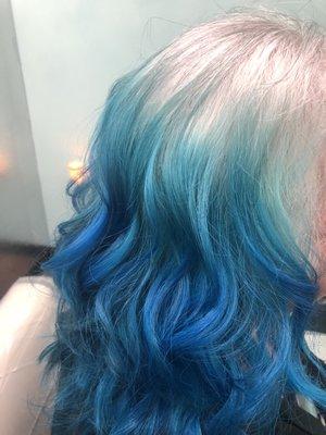 Natural base. Tri-color dark blue,med blue ,and teal Mermaid hair