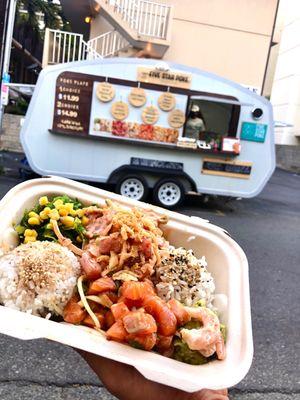 Local ginger shoyu salmon and spicy tuna poke plate