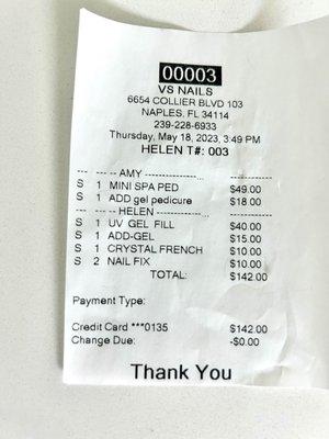 Copy of $142.00 bill for Rachel P's review.