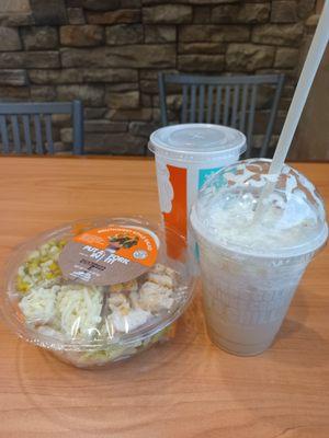 Salad,  frozen latte,  cup of ice