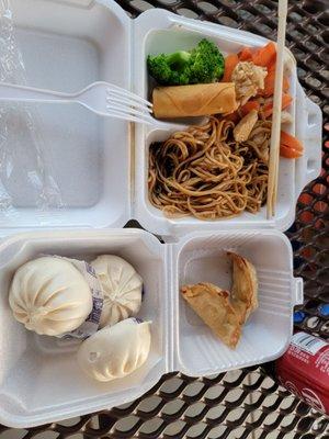 Teriyaki chicken on stir fry noodles. Egg custard boa, potstickers.