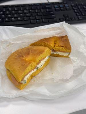 Egg bagel with Scallion Cream Cheese and Lox