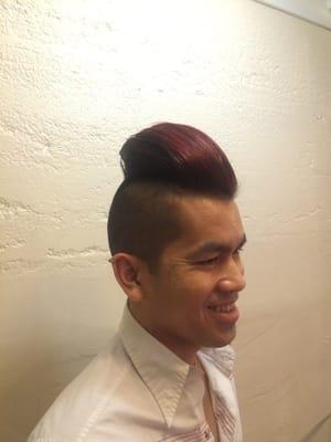 Red balayage on a pompadour.