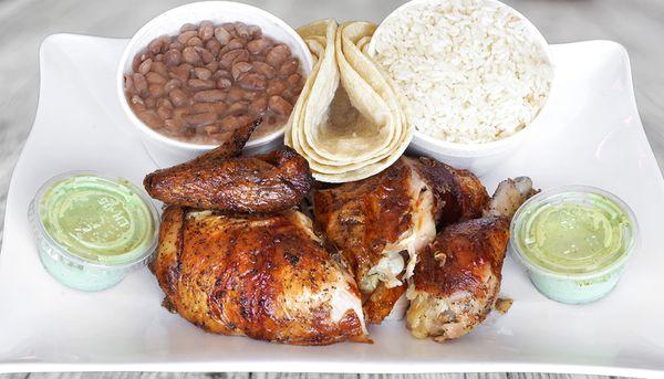 Rice and beans, rotisserie chicken, tortillas, Mexican combo