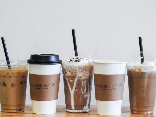 Cold Brews, Hot or Iced Lattes, and Frozen Coffees.