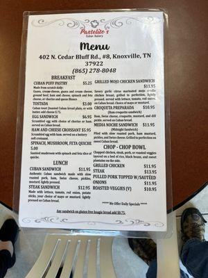 Cuban menu