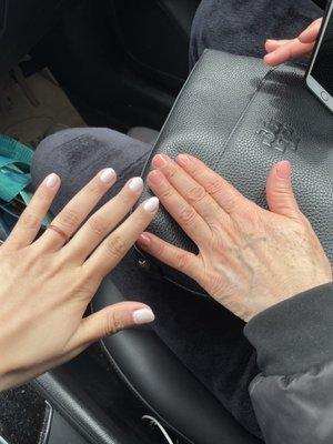 Gel manicure in white, basic manicure in pink