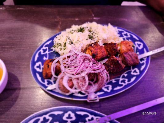 Lamb kebab, chicken kebab, and mashed potatoes