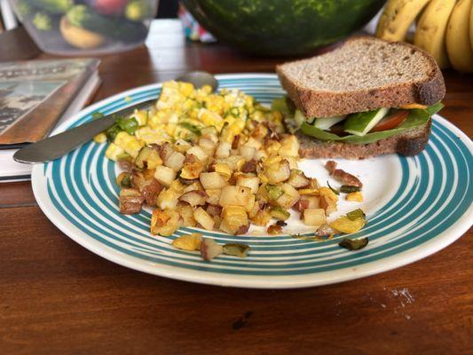 Yellow squash, zucchini and red potatoes roasted with garlic. Corn with cilantro and lime, a veggie sandwich