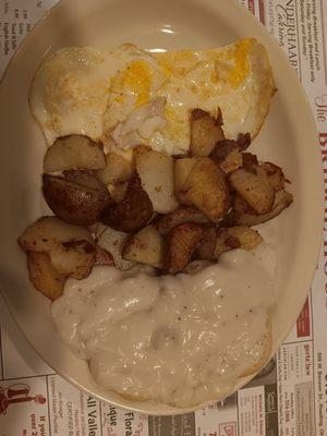 2 eggs over hard,  home fries, biscuits and gravy and bacon