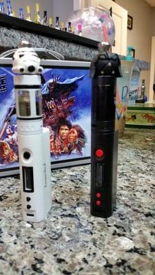 Subbox mini kit in white or black with custom drip tips by our friend Jen of vader and storm troopers