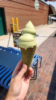 Vegan matcha soft serve with matcha waffle cone