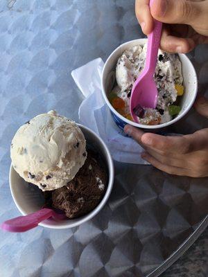 Two double scoops  Left - Rocky Road and Chocolate Chip Cookie dough  Right- Oreo and gummy bears   $13