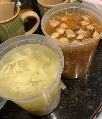 Egg drop wonton and hot and sour soups