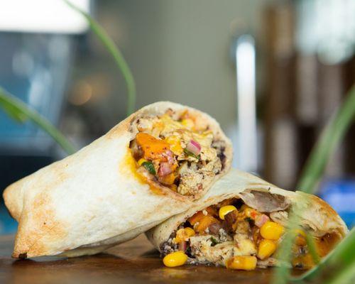 Vegetarian Breakfast Burrito.  Omnivores can add double smoked bacon for more flavor!