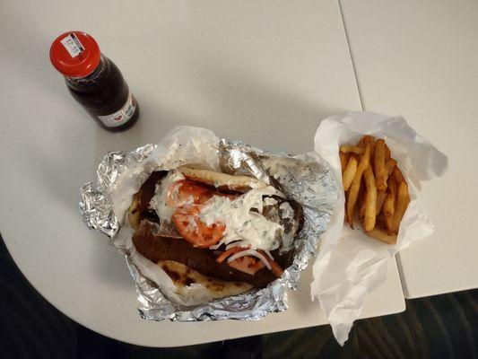 Gyro wrap with fries and pomogrante juice