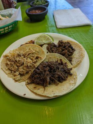 4 tacos, asada, pollo, barbacoa, trompo