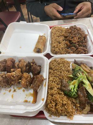 Chicken Teriyaki (1), beef and broccoli, five spice chicken, and an Egg Roll (1)