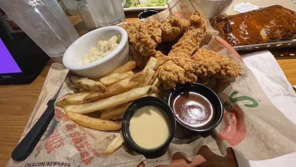 Chicken Tenders, Macaroni & Cheese, French Fries, Honey Mustard, and Barbecue Sauce